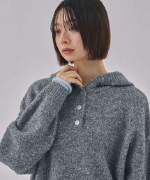 【Unblend】配色 ヘンリーネックニットパーカーグレー系