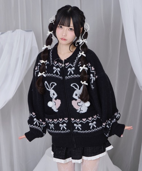 フルジップうさぎカウチンニット（ニット/セーター）｜Honey Cinnamon