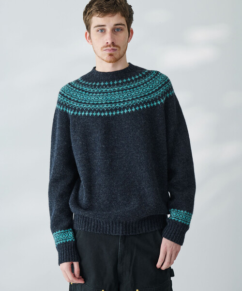 【美品】MORRIS & SONS ウールセーター グリーン 42 MORRIS & SONS | ジーロンラム ノルディックセーター MEN（ニット