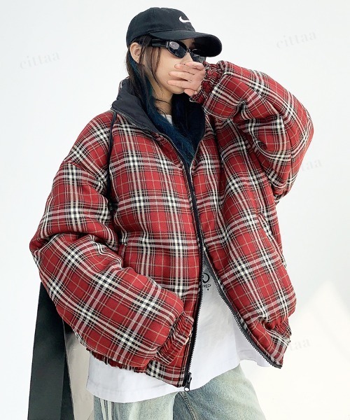 ダウンジャケット 赤・グレー チェック柄 フード付き 韓国ファッション 【2WAY】staffpickチェック柄リバーシブル中綿