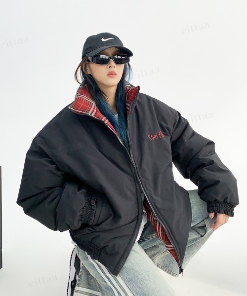 韓国ファッション 【2WAY】staffpickチェック柄リバーシブル中綿