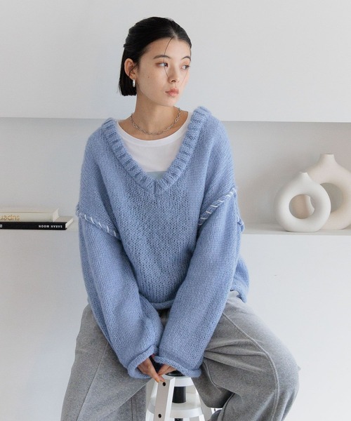 WEB限定]Vネックステッチニットプルオーバー（ニット/セーター