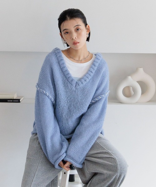 セール】[WEB限定]Vネックステッチニットプルオーバー（ニット