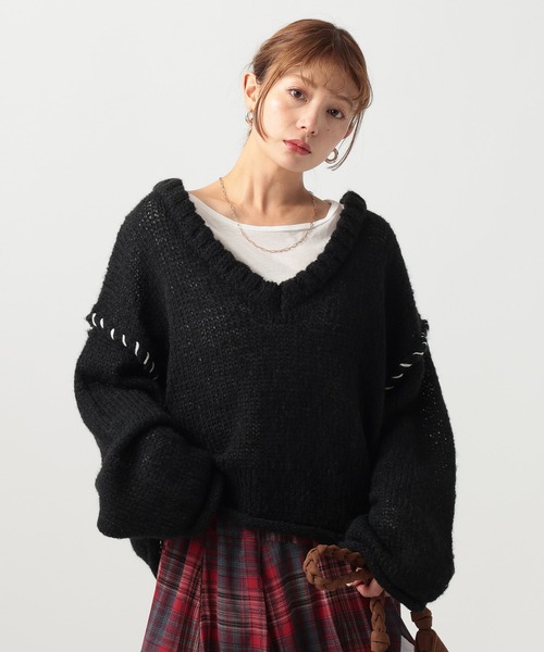 セール】[WEB限定]Vネックステッチニットプルオーバー（ニット