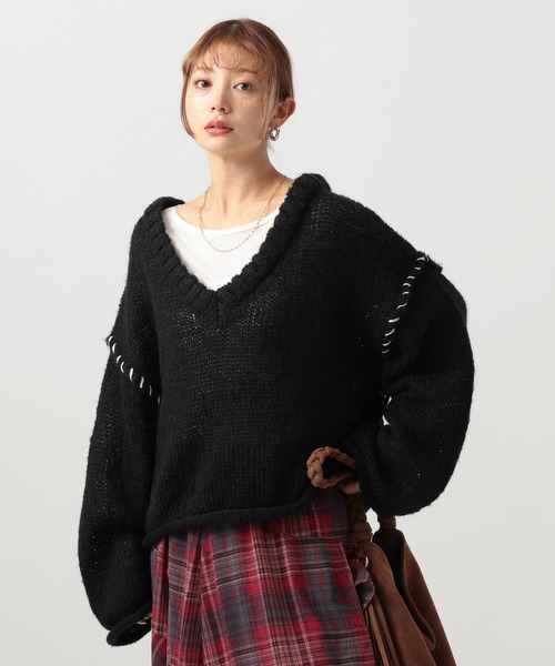 セール】[WEB限定]Vネックステッチニットプルオーバー（ニット