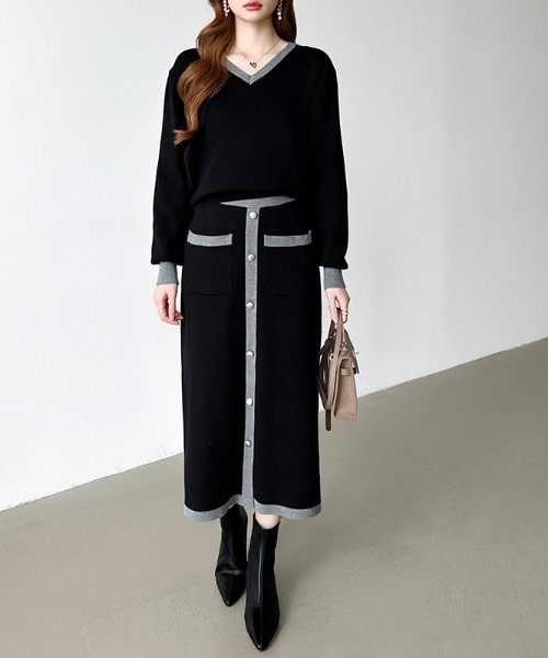 セール】配色ニット ＋ ナロースカート セットアップ ニット スカート