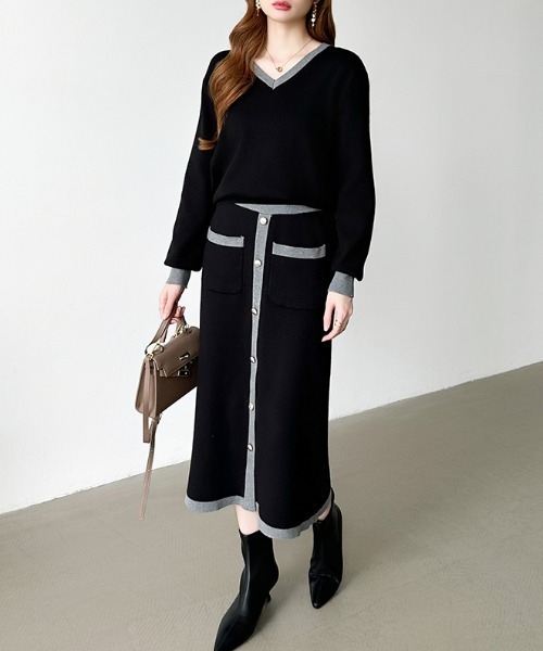 セール】配色ニット ＋ ナロースカート セットアップ ニット スカート