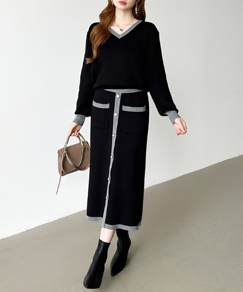 セール】配色ニット ＋ ナロースカート セットアップ ニット スカート