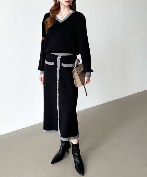 セール】配色ニット ＋ ナロースカート セットアップ ニット スカート