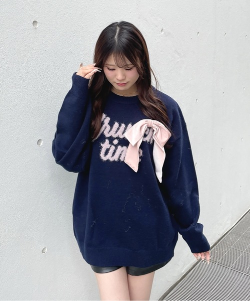 one way（ワンウェイ）の「ラメリボンロゴジャガードニット（ニット/セーター・レディース・ホワイト/グレー/ブルー/ネイビー/レッド・FREE）」の4枚目の写真