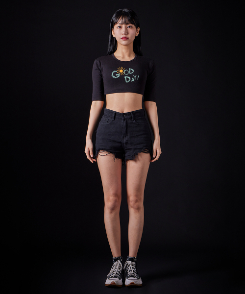 ASTRAL PROJECTION(アストラルプロジェクション)の「グッドデイ スーピマ スパン 5部袖 ショート クロップTシャツ_ブラック(Tシャツ/カットソー・レディース・その他・FREE)」の4枚目の写真