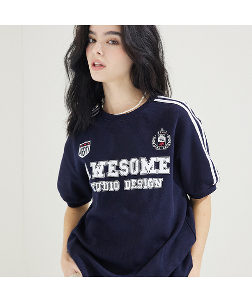 AWESOME STUDIO(オーサムスタジオ)の「ライン配色ユニフォーム半袖Tシャツダークネイビー(Tシャツ/カットソー・レディース・その他・FREE)」の1枚目の写真