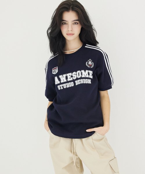 AWESOME STUDIO(オーサムスタジオ)の「ライン配色ユニフォーム半袖Tシャツダークネイビー(Tシャツ/カットソー・レディース・その他・FREE)」の2枚目の写真