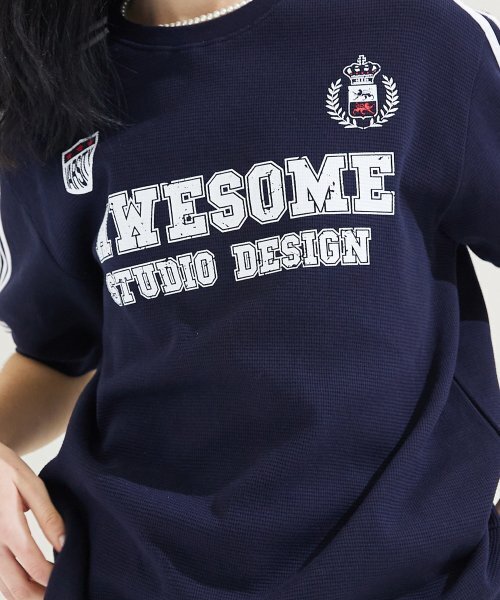 AWESOME STUDIO(オーサムスタジオ)の「ライン配色ユニフォーム半袖Tシャツダークネイビー(Tシャツ/カットソー・レディース・その他・FREE)」の4枚目の写真