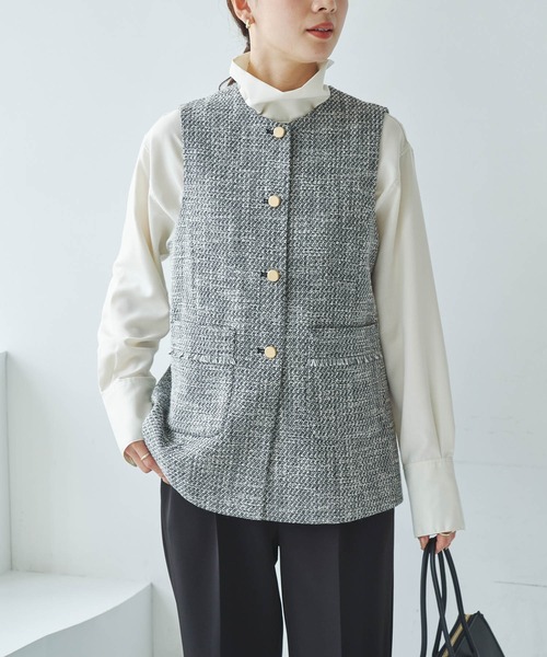 【na.e】　新品未使用　ツイード　ジレ　ベスト Pierrot（ピエロ） ベスト ジレ ノーカラーツイードジレ レディース