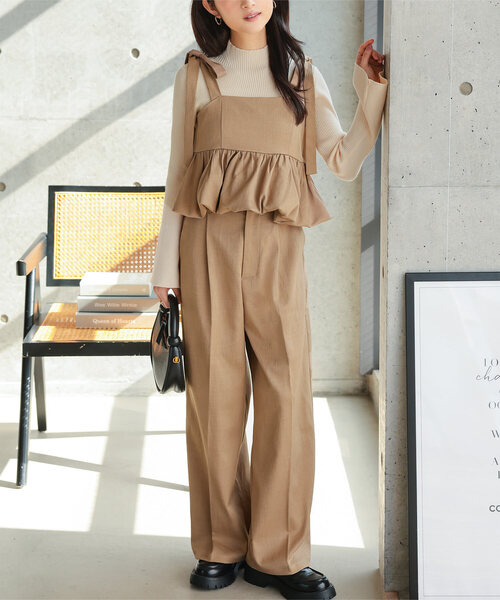 Petitle（プチレ）の「[ 低身長向けサイズ ] 3点セット リブニット × バルーンキャミソール × パンツ（スラックス・レディース・ブラック/ベージュ/チャコール・PM）」の3枚目の写真