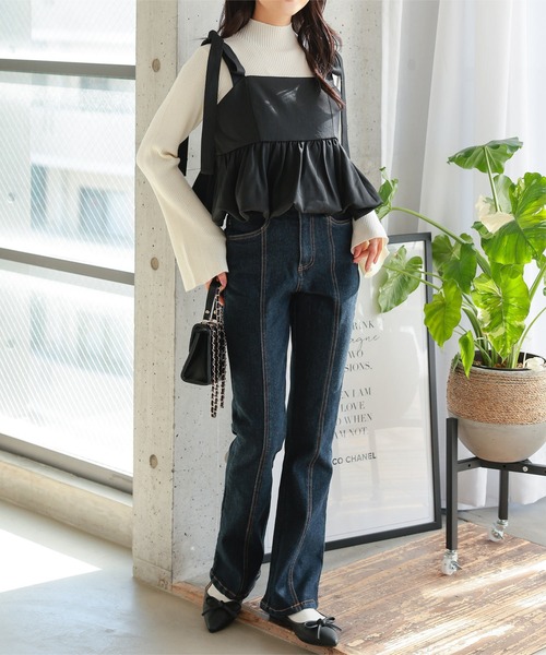 Petitle（プチレ）の「[ 低身長向けサイズ ] 3点セット リブニット × バルーンキャミソール × パンツ（スラックス・レディース・ブラック/ベージュ/チャコール・PM）」の12枚目の写真