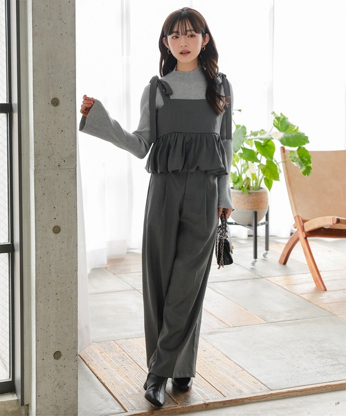 Petitle（プチレ）の「[ 低身長向けサイズ ] 3点セット リブニット × バルーンキャミソール × パンツ（スラックス・レディース・ブラック/ベージュ/チャコール・PM）」の13枚目の写真