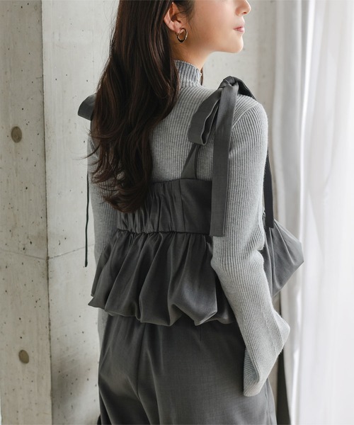 Petitle（プチレ）の「[ 低身長向けサイズ ] 3点セット リブニット × バルーンキャミソール × パンツ（スラックス・レディース・ブラック/ベージュ/チャコール・PM）」の14枚目の写真