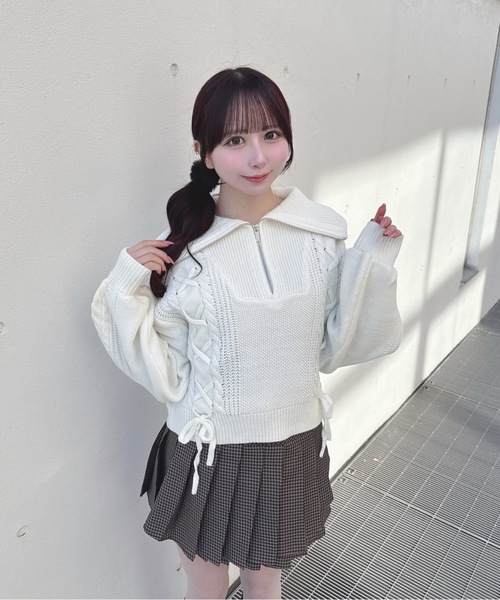 one way（ワンウェイ）の「ハーフジップレーシングニット（ニット/セーター・レディース・ホワイト/ピンク/グレー/サックスブルー・FREE）」の6枚目の写真