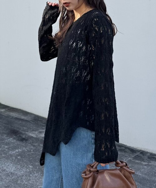 WILLOW（ウィロー）の「【willow】アシメレースチュニック（Tシャツ/カットソー・レディース・ブラック/ホワイト・ONE SIZE）」の13枚目の写真