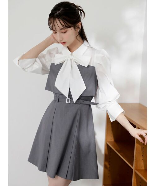 dazzlin（ダズリン）の「2WAYボウタイレイヤードミニワンピース（ワンピース・レディース・ネイビー/ベージュ/チャコールグレー・MEDIUM/SMALL）」の8枚目の写真