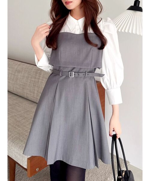 dazzlin（ダズリン）の「2WAYボウタイレイヤードミニワンピース（ワンピース・レディース・ネイビー/ベージュ/チャコールグレー・MEDIUM/SMALL）」の16枚目の写真