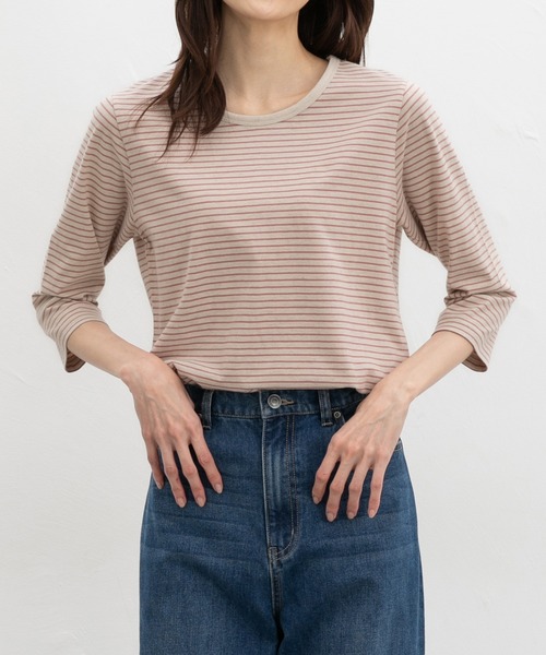 Honeys(ハニーズ)の「【UVカット】7分袖オーガニックボーダーT(Tシャツ/カットソー・レディース・ホワイト×ブルー/ネイビー系1/ホワイト×ネイビー/ピンク系1・L/LL/M/S)」の4枚目の写真