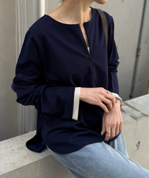 COLLAGE GALLARDAGALANTE(コラージュガリャルダガランテ)の「袖シアー切替ロンT(Tシャツ/カットソー・レディース・ネイビー/ピンク/オフホワイト・FREE)」の4枚目の写真