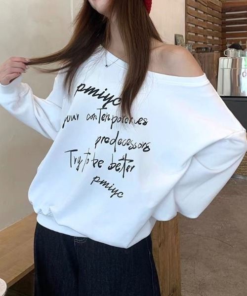 Vipoa(ヴィポア)の「Off shoulder logo print sweatshirt(スウェット・レディース・グレー/ホワイト・FREE)」の9枚目の写真