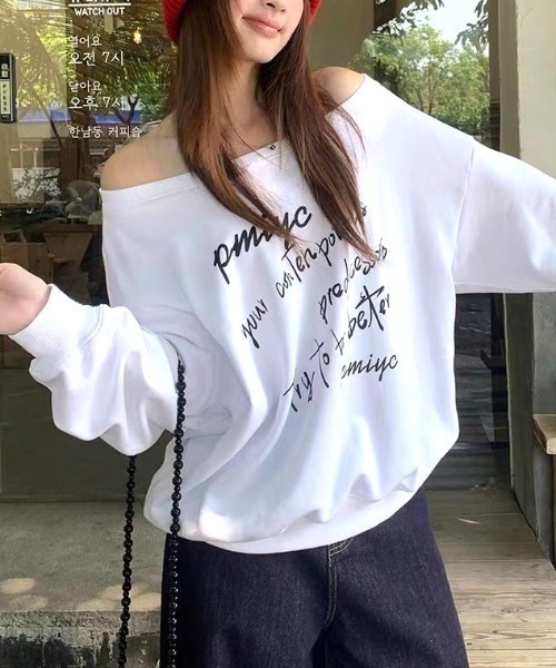 Vipoa(ヴィポア)の「Off shoulder logo print sweatshirt(スウェット・レディース・グレー/ホワイト・FREE)」の8枚目の写真