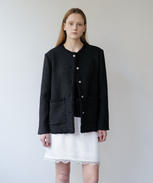 Fringe trimming tweed jacket [KNSS05JK04]_Black