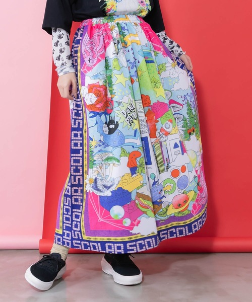 ScoLar（スカラー）の「161627：レトロスカーフ柄ワッシャー加工スカート（スカート・レディース・パープル/ブラック・M）」の2枚目の写真