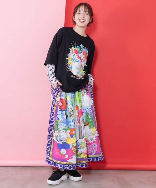 ScoLar（スカラー）の「161627：レトロスカーフ柄ワッシャー加工スカート（スカート・レディース・パープル/ブラック・M）」の3枚目の写真