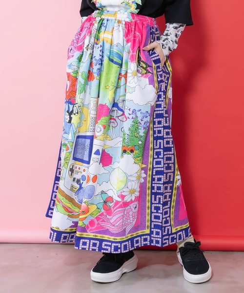 ScoLar（スカラー）の「161627：レトロスカーフ柄ワッシャー加工スカート（スカート・レディース・パープル/ブラック・M）」の4枚目の写真