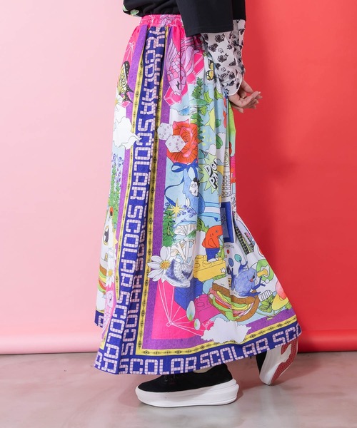 ScoLar（スカラー）の「161627：レトロスカーフ柄ワッシャー加工スカート（スカート・レディース・パープル/ブラック・M）」の5枚目の写真