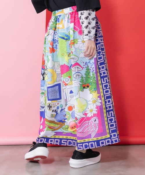 ScoLar（スカラー）の「161627：レトロスカーフ柄ワッシャー加工スカート（スカート・レディース・パープル/ブラック・M）」の6枚目の写真