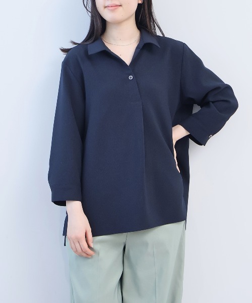 fleur by mint breeze(フルールバイミントブリーズ)の「【セットアップ】【L~5L 大きいサイズ】リネンライクオックススキッパーシャツ(シャツ/ブラウス・レディース・ネイビー/カーキ・LL/3L/4L/5L)」の2枚目の写真