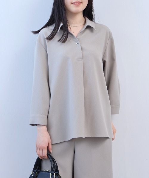 fleur by mint breeze(フルールバイミントブリーズ)の「【セットアップ】【L~5L 大きいサイズ】リネンライクオックススキッパーシャツ(シャツ/ブラウス・レディース・ネイビー/カーキ・LL/3L/4L/5L)」の1枚目の写真