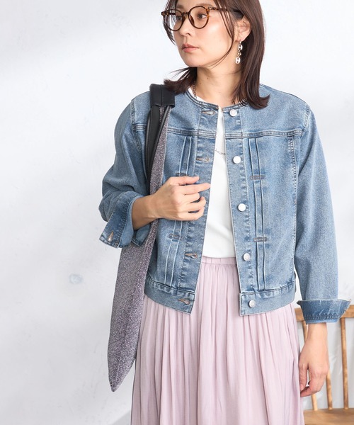GALLORIA（ギャローリア）の「ノーカラーGジャン（デニムジャケット・レディース・ライトインディゴブルー/インディゴブルー・L/LL/M/S）」の2枚目の写真