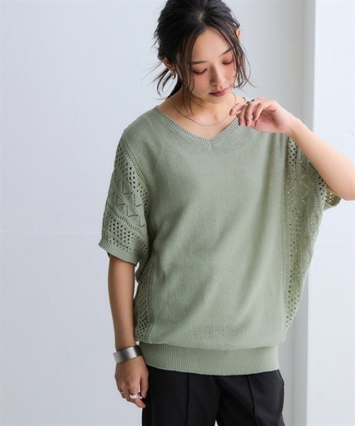 nissen（ニッセン）の「綿１００％透かし編ドルマンニット＜大きいサイズ有＞（ニット/セーター・レディース・グリーン/テラコッタ/アイボリー/ブラック・3L/LL/L/M/S）」の4枚目の写真