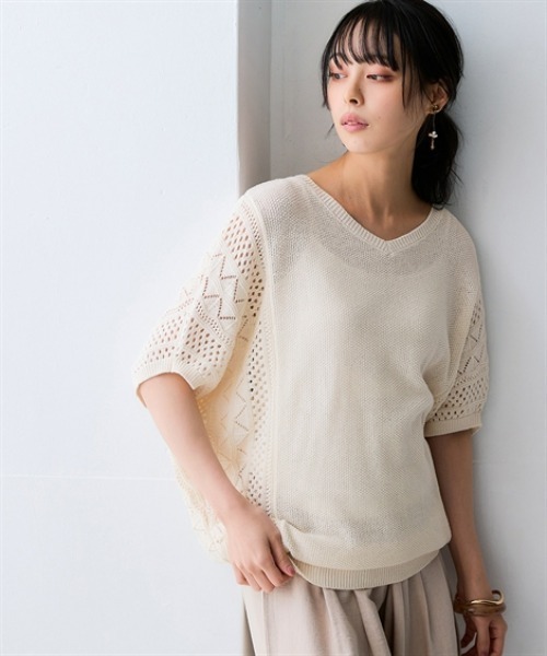 nissen（ニッセン）の「綿１００％透かし編ドルマンニット＜大きいサイズ有＞（ニット/セーター・レディース・グリーン/テラコッタ/アイボリー/ブラック・3L/LL/L/M/S）」の2枚目の写真