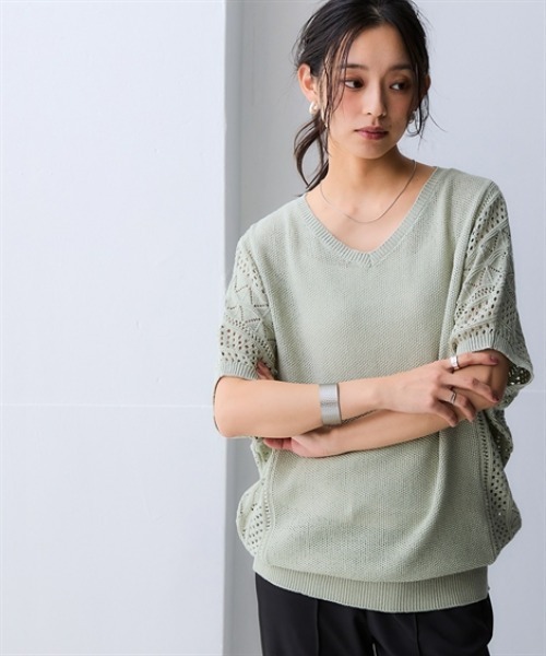 nissen（ニッセン）の「綿１００％透かし編ドルマンニット＜大きいサイズ有＞（ニット/セーター・レディース・グリーン/テラコッタ/アイボリー/ブラック・3L/LL/L/M/S）」の5枚目の写真