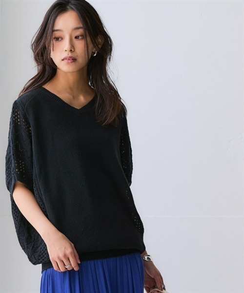 nissen（ニッセン）の「綿１００％透かし編ドルマンニット＜大きいサイズ有＞（ニット/セーター・レディース・グリーン/テラコッタ/アイボリー/ブラック・3L/LL/L/M/S）」の8枚目の写真