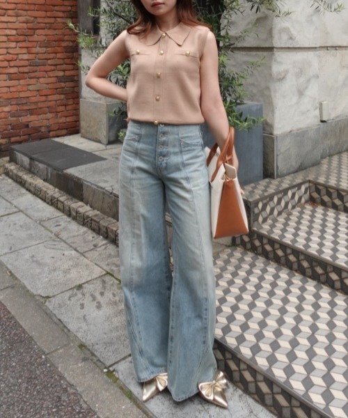 rienda(リエンダ)の「ゴールドボタンノースリニットトップス 春服 夏服 ノースリーブ(ニット/セーター・レディース・ライトピンク/グレー/キャメル/ネイビー・FREE)」の17枚目の写真