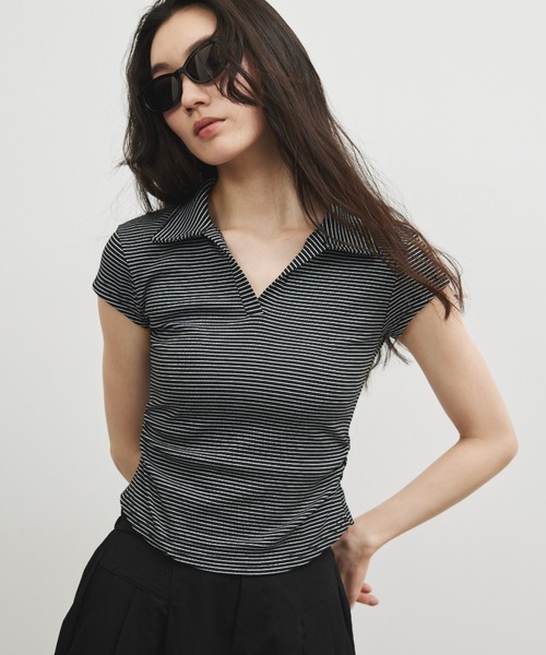ELTONE(エルトーン)の「ポロカラーサイドギャザートップス(Tシャツ/カットソー・レディース・ブラック/ホワイト・FREE)」の12枚目の写真
