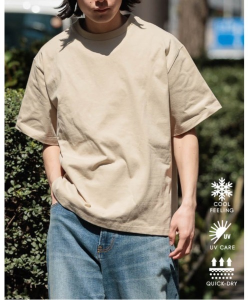BAYFLOW（ベイフロー）の「[WEB限定]機能性ベーシックTEE【接触冷感/吸水速乾/UVカット/遮熱】（Tシャツ/カットソー・メンズ・ベージュ/ネイビー/オフホワイト/杢グレー/ブラック/グレイッシュベージュ・SMALL/MEDIUM/LARGE）」の5枚目の写真