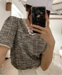 [韓国トレンド] ツイード風ニット半袖トップス