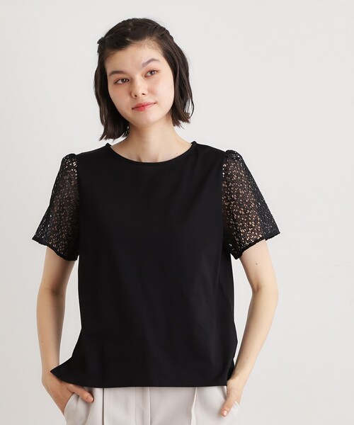 LAURA ASHLEY(ローラアシュレイ)の「【洗える/コットン100%/日本製】レーススリーブカットソー(Tシャツ/カットソー・レディース・ブラック/サックスブルー/ホワイト・38/40)」の3枚目の写真