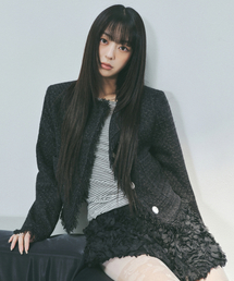 FRINGE TRIMMING TWEED JACKET_BLACK